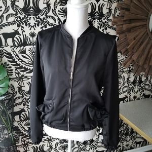 Black Bomber Jacket Ruffle Silver Zipper M